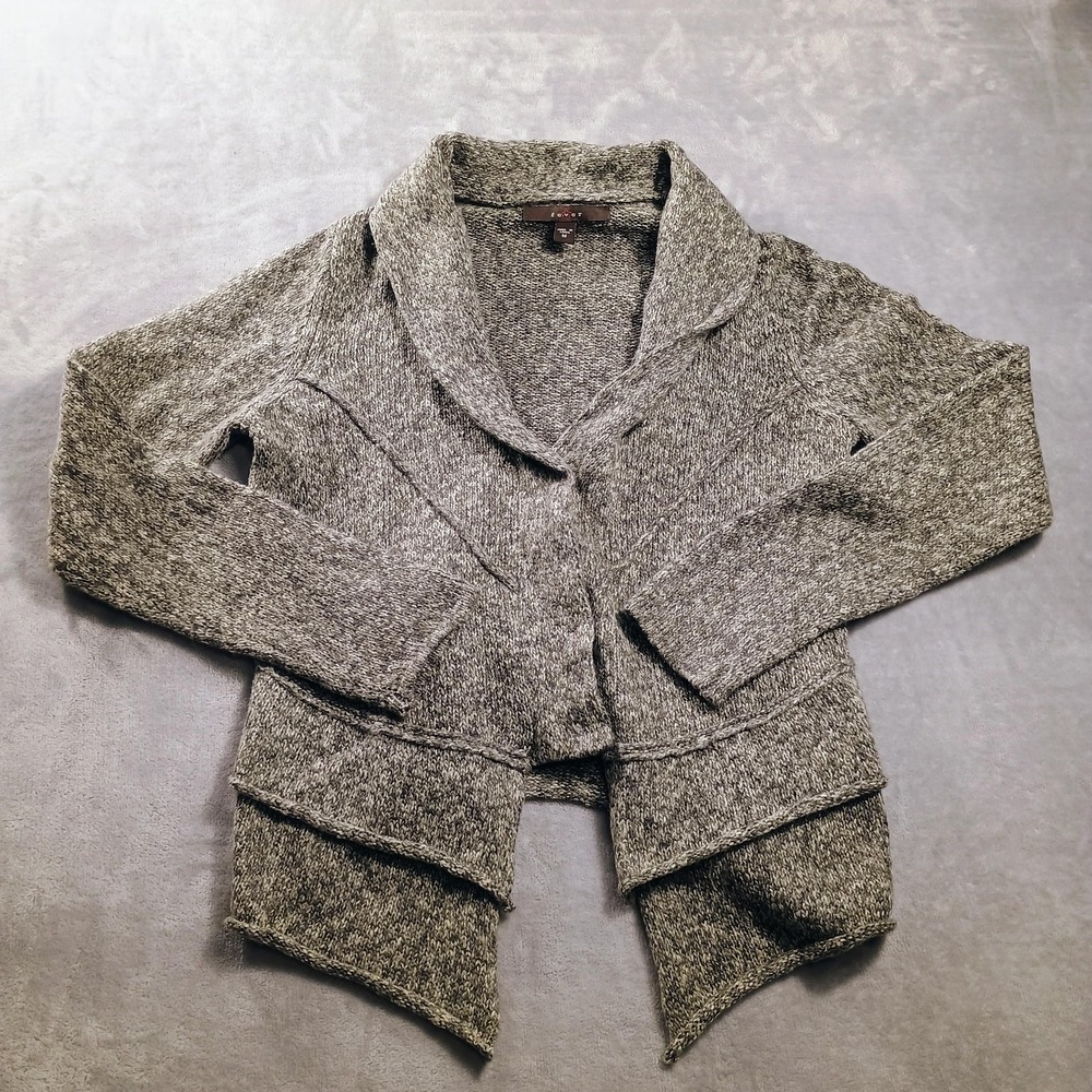 Fever Cardigan Sweater Womens Medium Gray‎ Ruffle Open Front Shawl Collar Knit